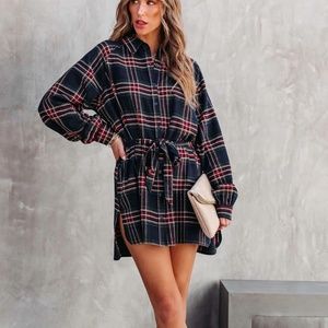 Cotton Plaid Tie Shirt Dress Navy Size L